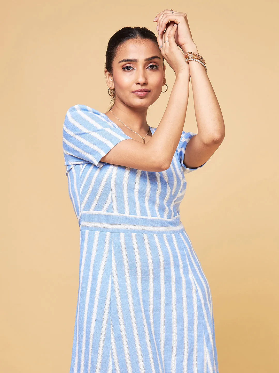 Summer Serenade Blue Multi-Shade Striped Flare Dress