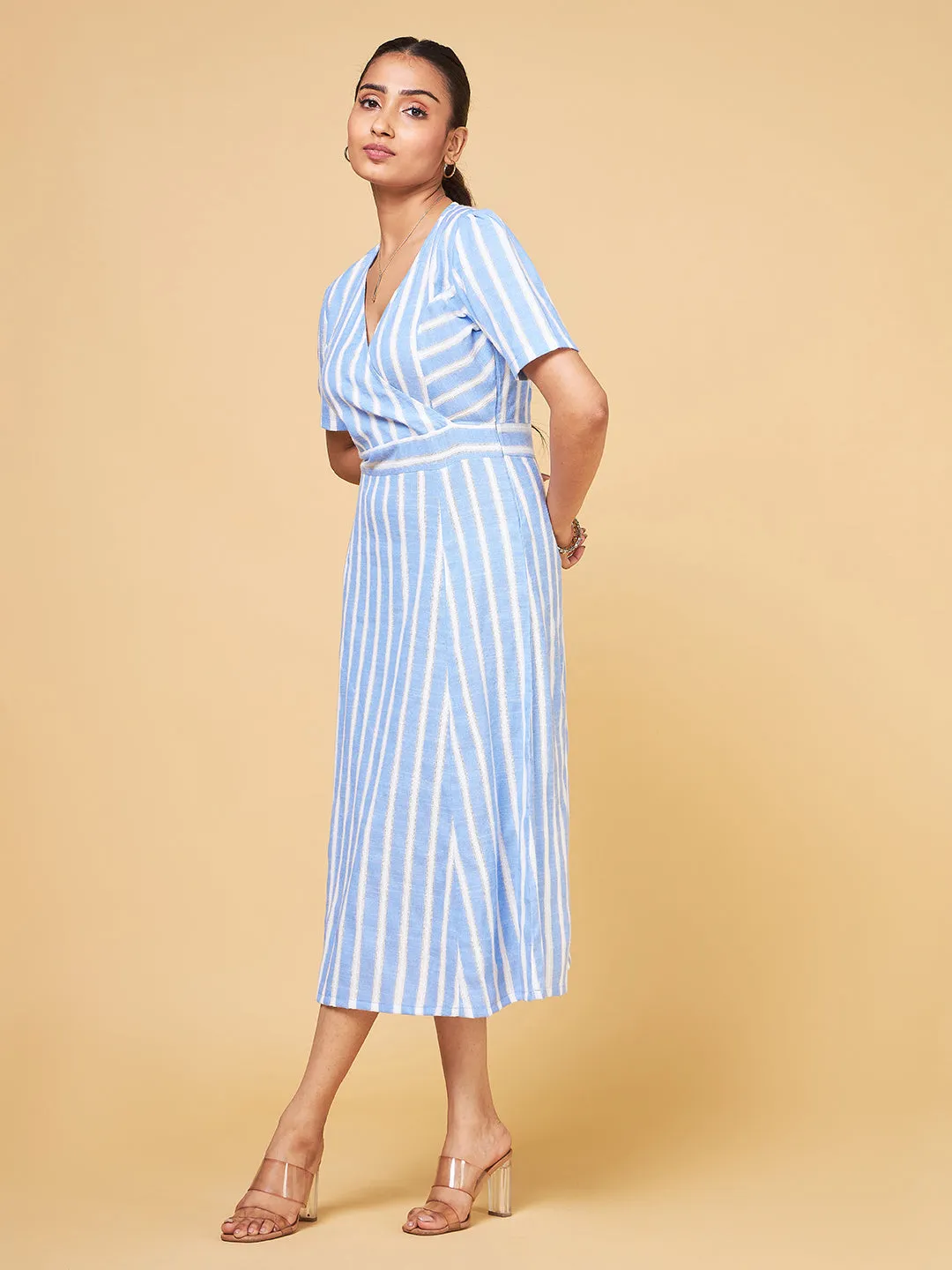 Summer Serenade Blue Multi-Shade Striped Flare Dress