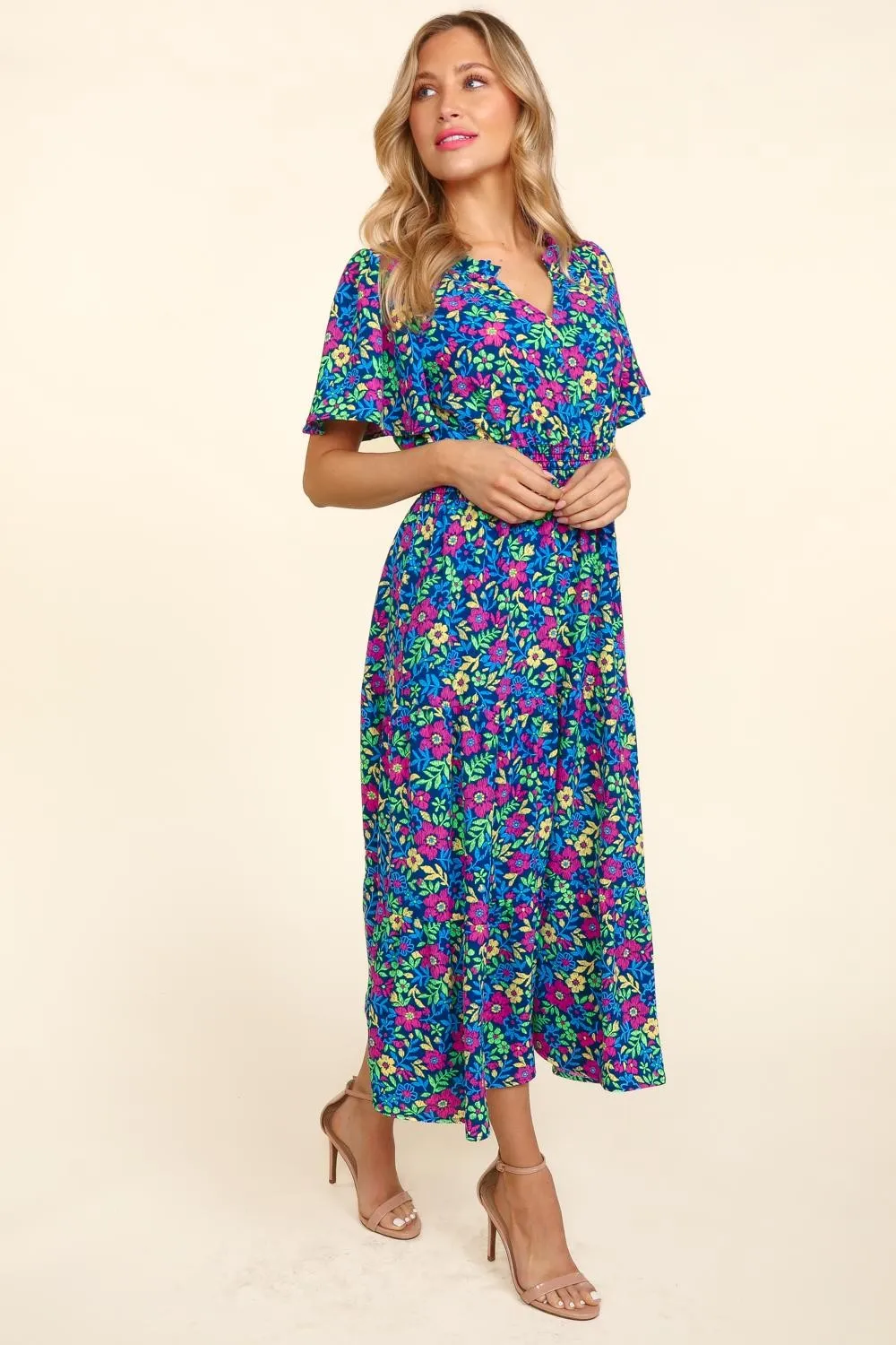 Sunset Vacation Printed Notched Short Sleeve Dress with Pockets