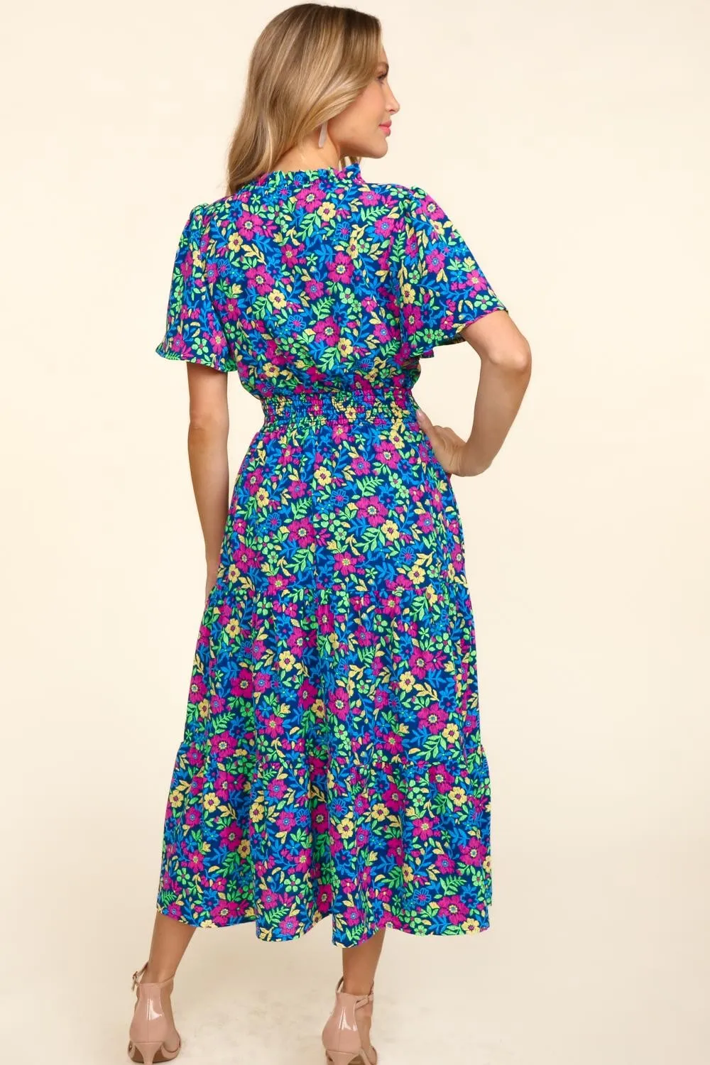 Sunset Vacation Printed Notched Short Sleeve Dress with Pockets