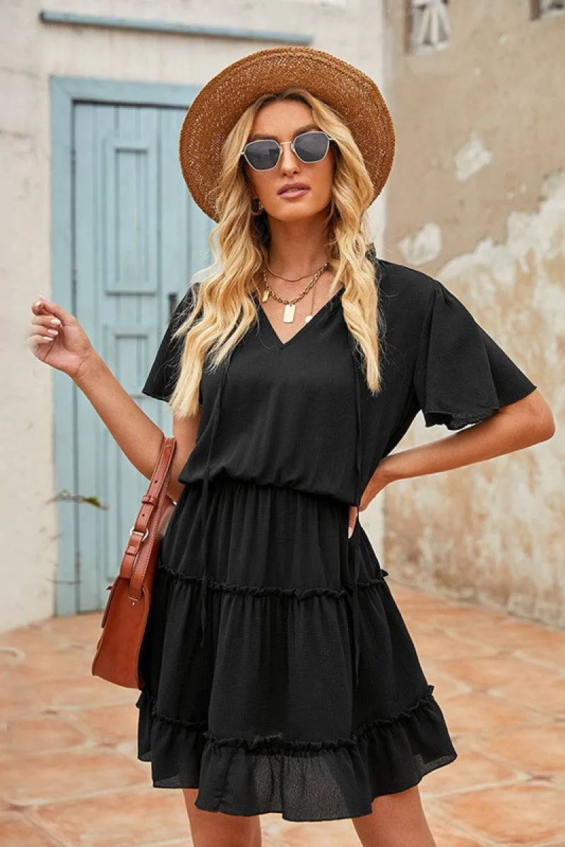 Tie Neck Ruffle Hem Tiered Dress