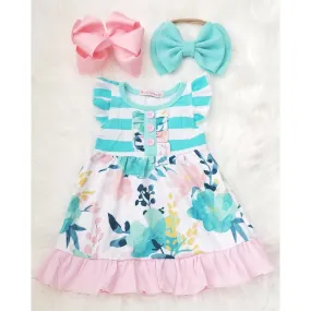 Turquoise & Pink Flower Ruffle Dress