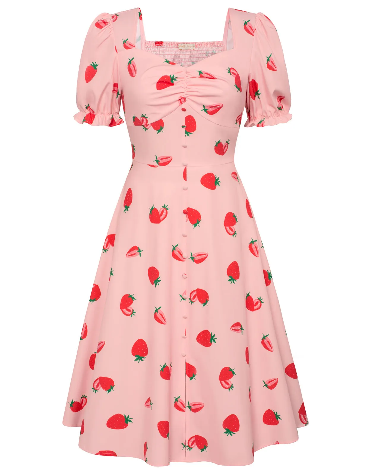 Vintage Strawberry Patterns Front Slit Dress Puffed Short Sleeve Sweetheart Neck Dress