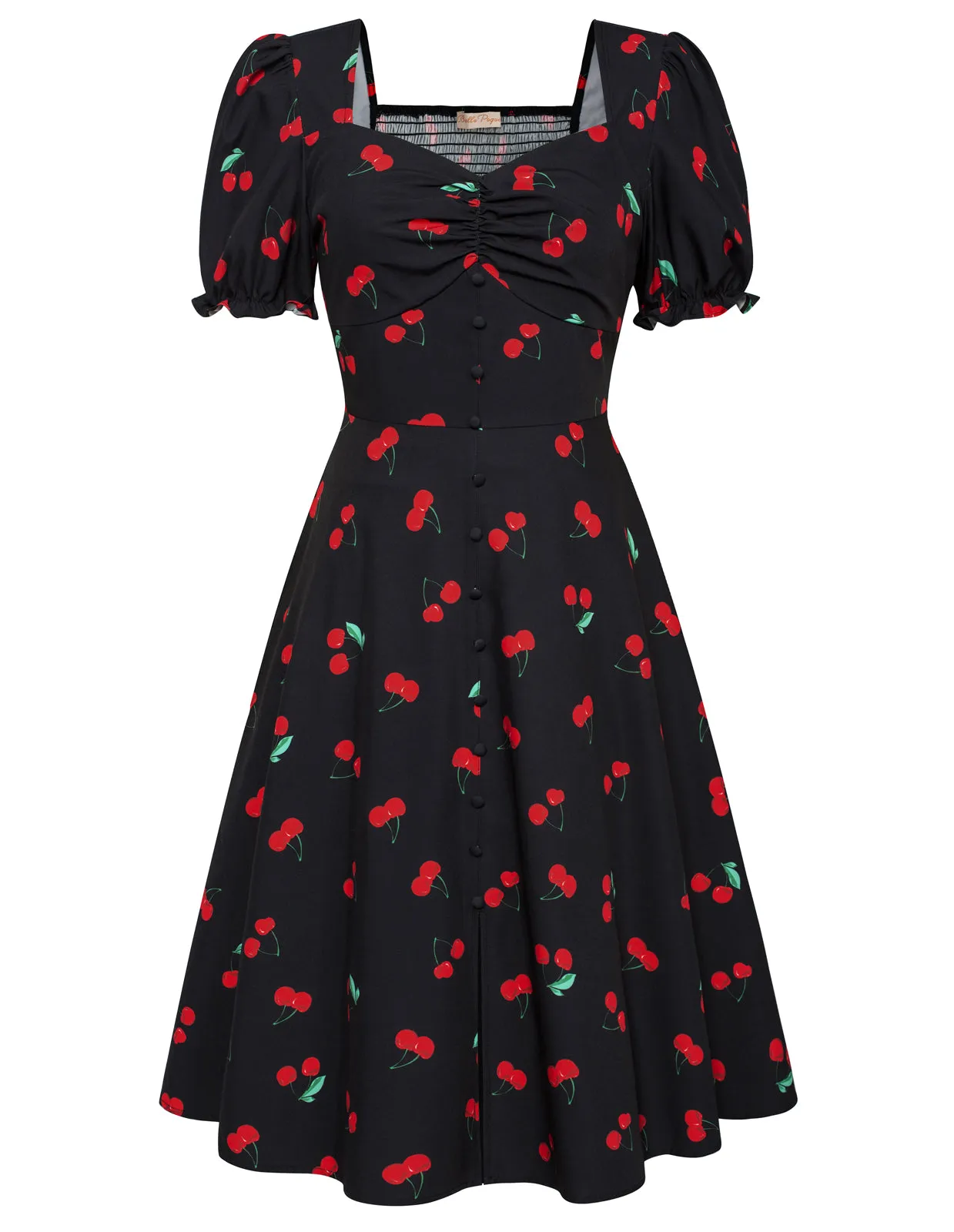 Vintage Strawberry Patterns Front Slit Dress Puffed Short Sleeve Sweetheart Neck Dress