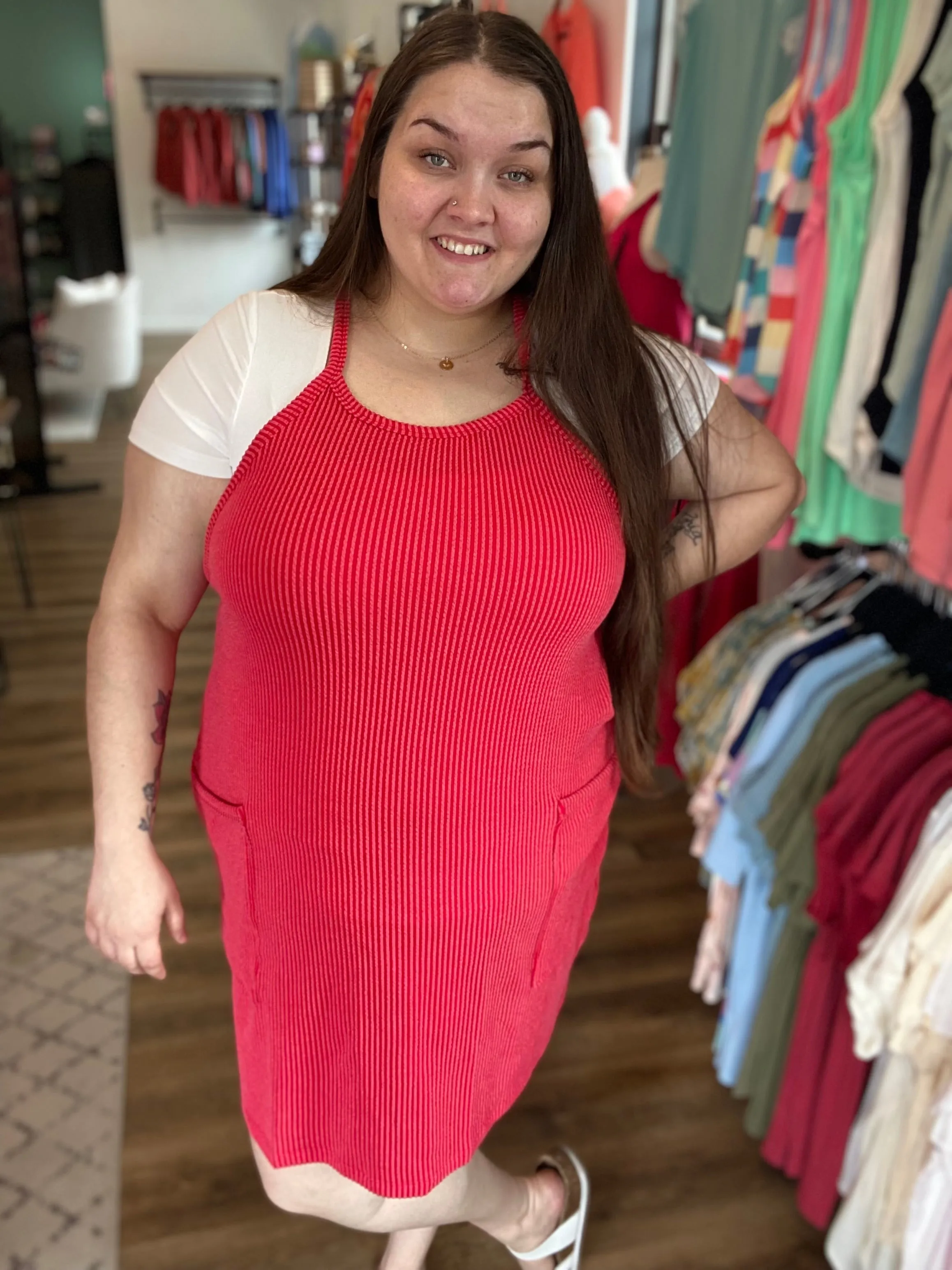 Wavy Ribbed Tank Dress | Red