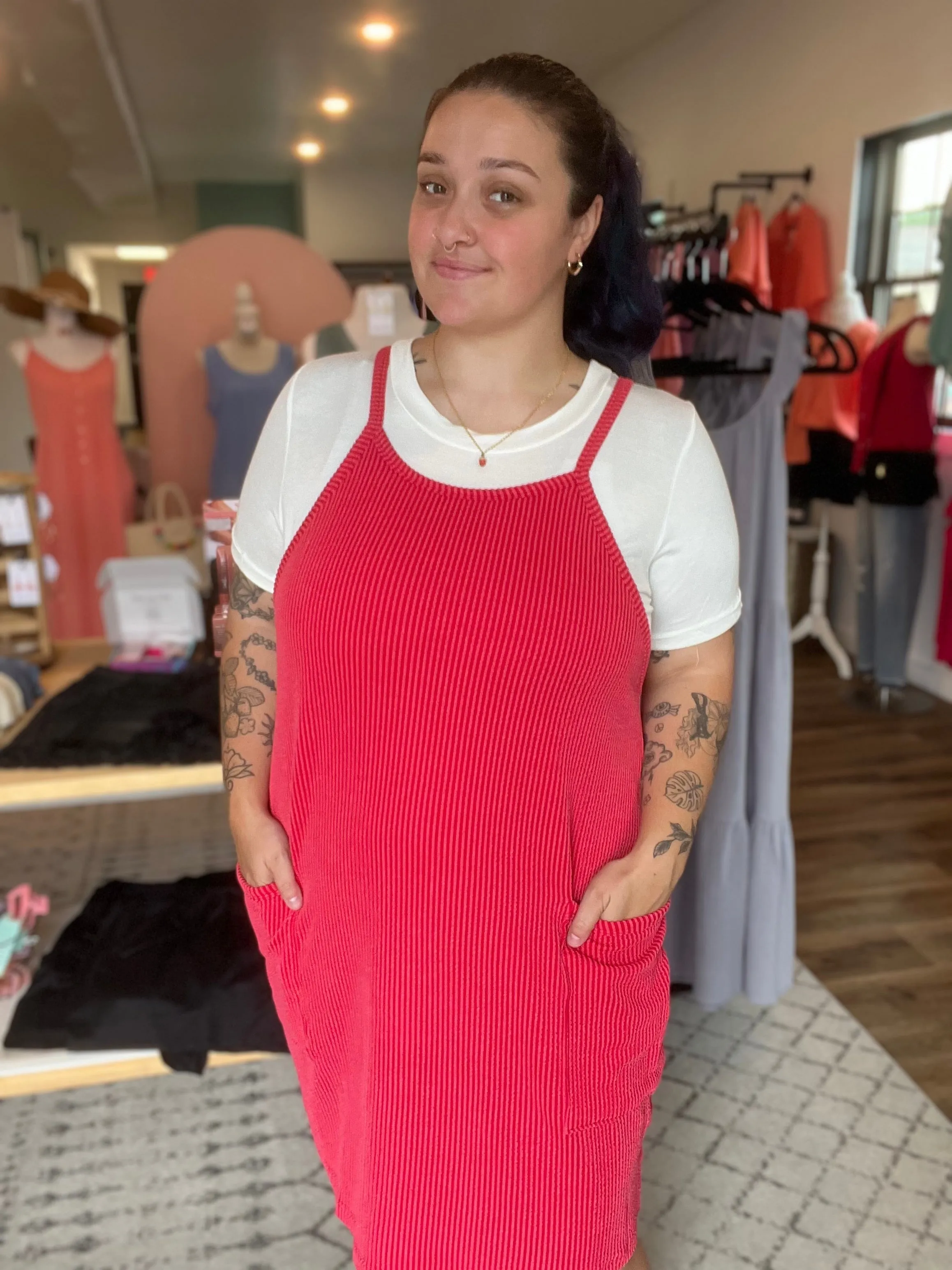 Wavy Ribbed Tank Dress | Red