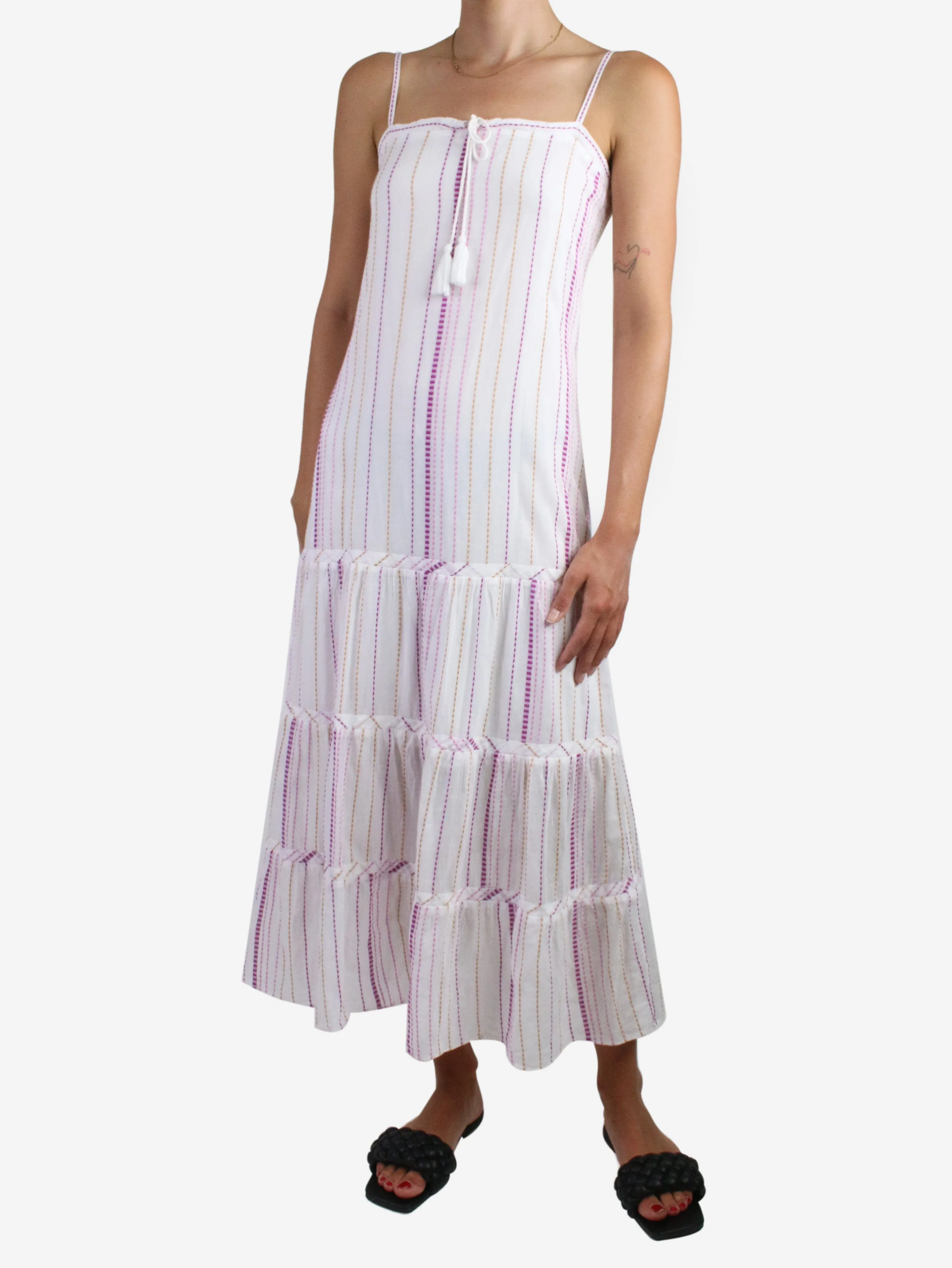 White pinstripe embroidered strap dress - size S