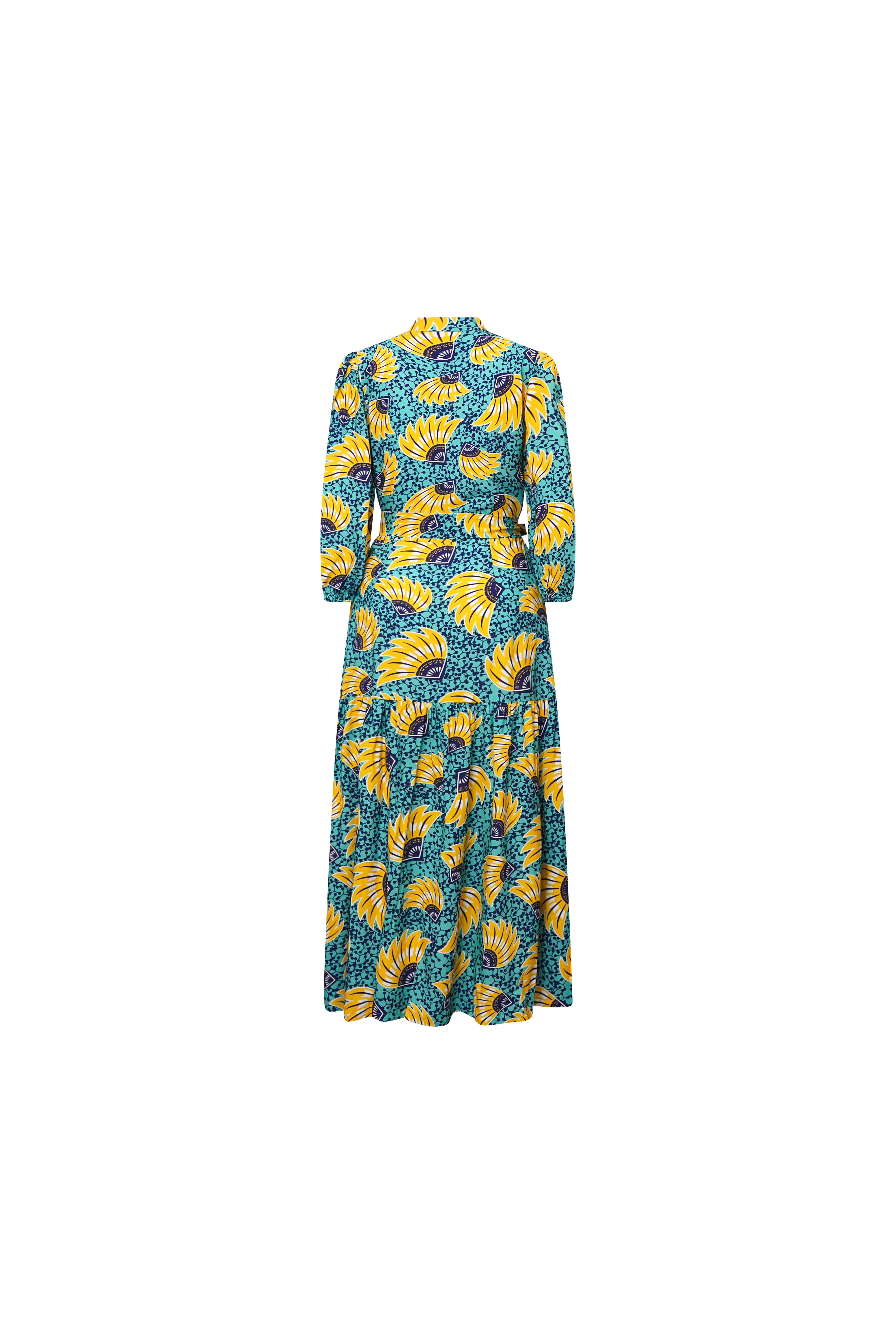 Yumna Dress with Puff Sleeves and High Neckline - Yellow Cyan Sunkissed Maized Print | ILC OA OG