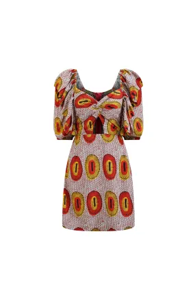 Zalika Mini Dress with Sweetheart Neckline and Twist Detail - Yellow and Orange Rhythmic Spirits Print | ILC OA OG